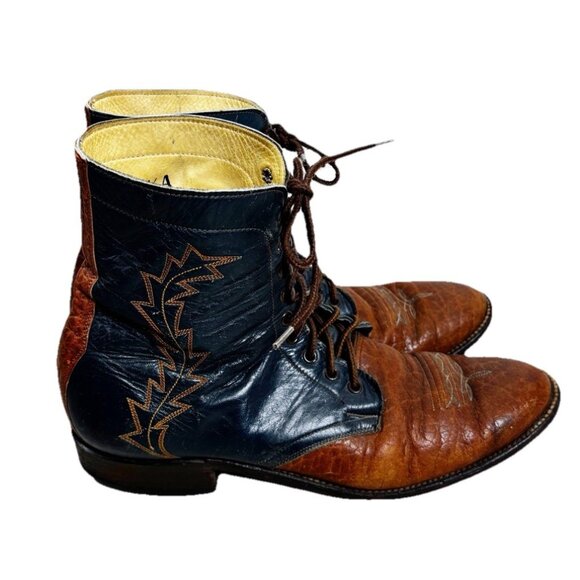 VTG Hondo Sz 12.5 A  Narrow Men Lace Up Boots Leather Brown/Blue GUC main image 6